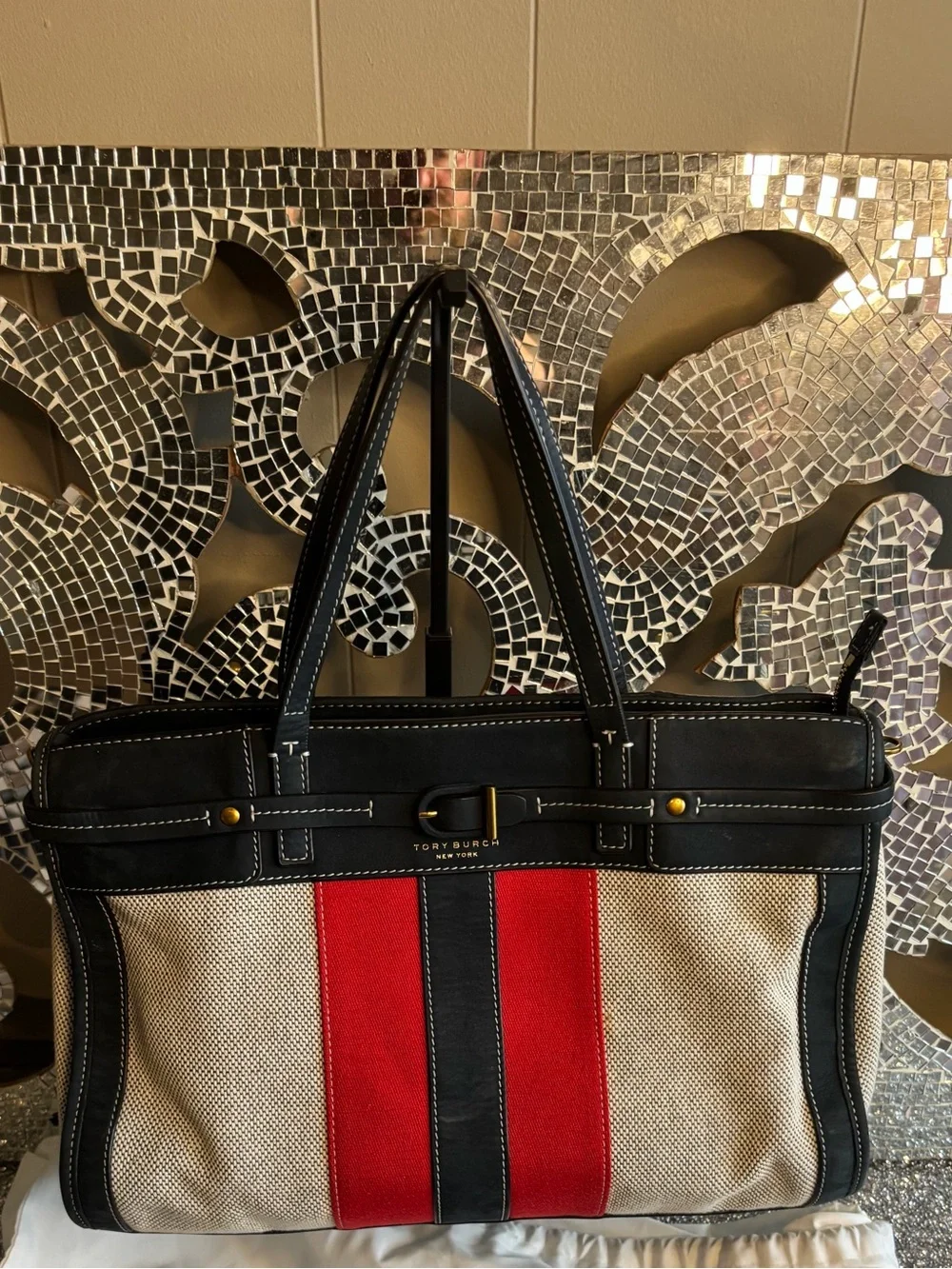 💕Tory Burch Canvas & Leather Shoulder Bag with Red Stripe‎